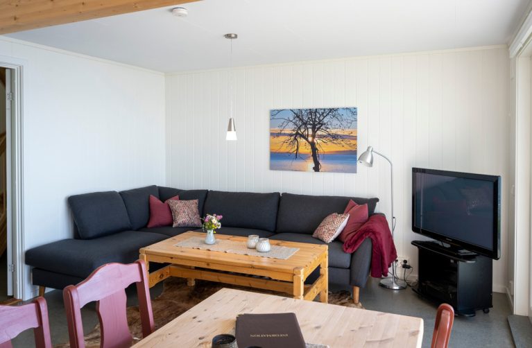 The living room corner in one of the holiday homes at Drivhussletta, at Hjellup Fjordbo.