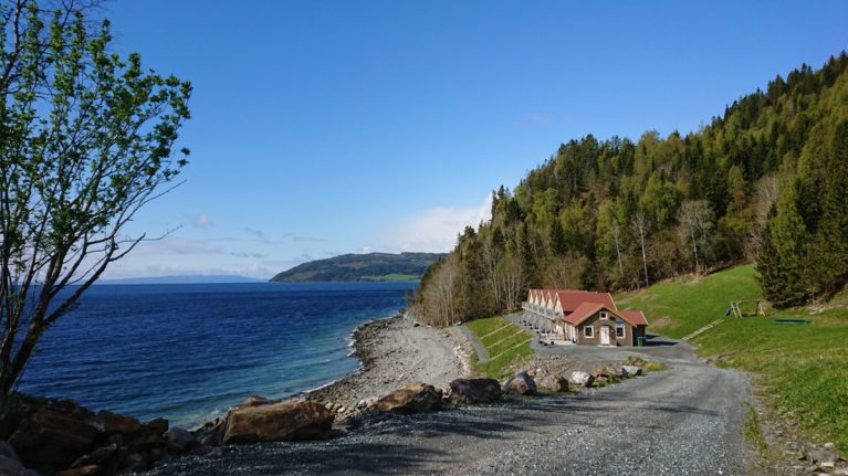 Die Ferienhäuser auf Drivhussletta unter Hjellup Fjordbo, wie man sie bei der Fahrt nach Trondheimsfjorden sieht.